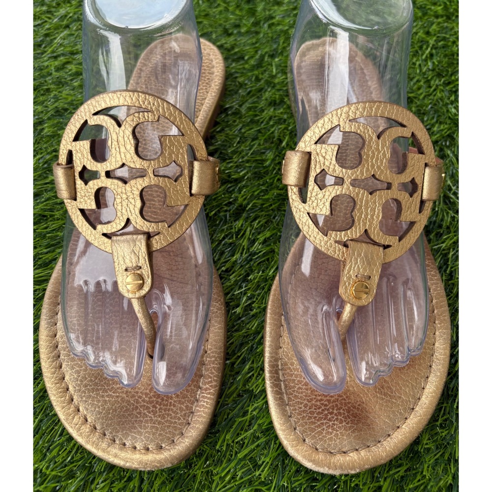 Tory Burch Miller Metallic Gold Pebbled Leather Thong Sandals Size 9M